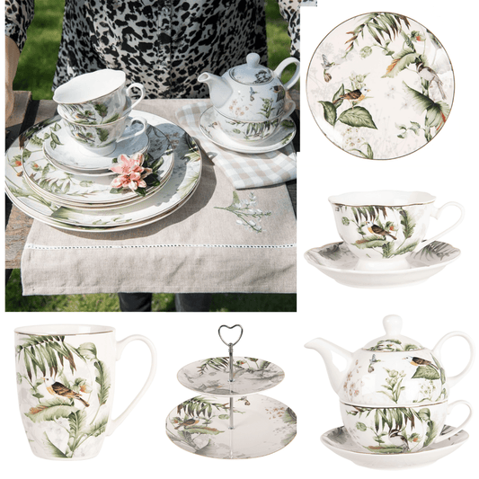 Geschirr aus Porzellan, Pflanzen und Vogelmotiv in Grün-Weiß, Mix & Match {{ Shabby Chic und Landhaus Deko }} {{ www.Stein-Alt.de }}
