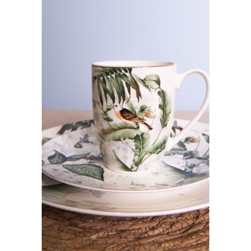 Geschirr aus Porzellan, Pflanzen und Vogelmotiv in Grün-Weiß, Mix & Match {{ Shabby Chic und Landhaus Deko }} {{ www.Stein-Alt.de }}