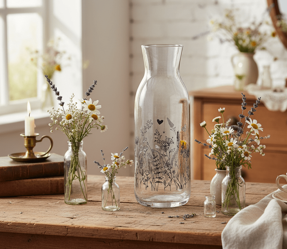 Glaskaraffe 1L Wiesenblumen Schwarz - Clayre & Eef Wasserkaraffe Landhaus {{ Shabby Chic und Landhaus Deko }} {{ www.Stein-Alt.de }}