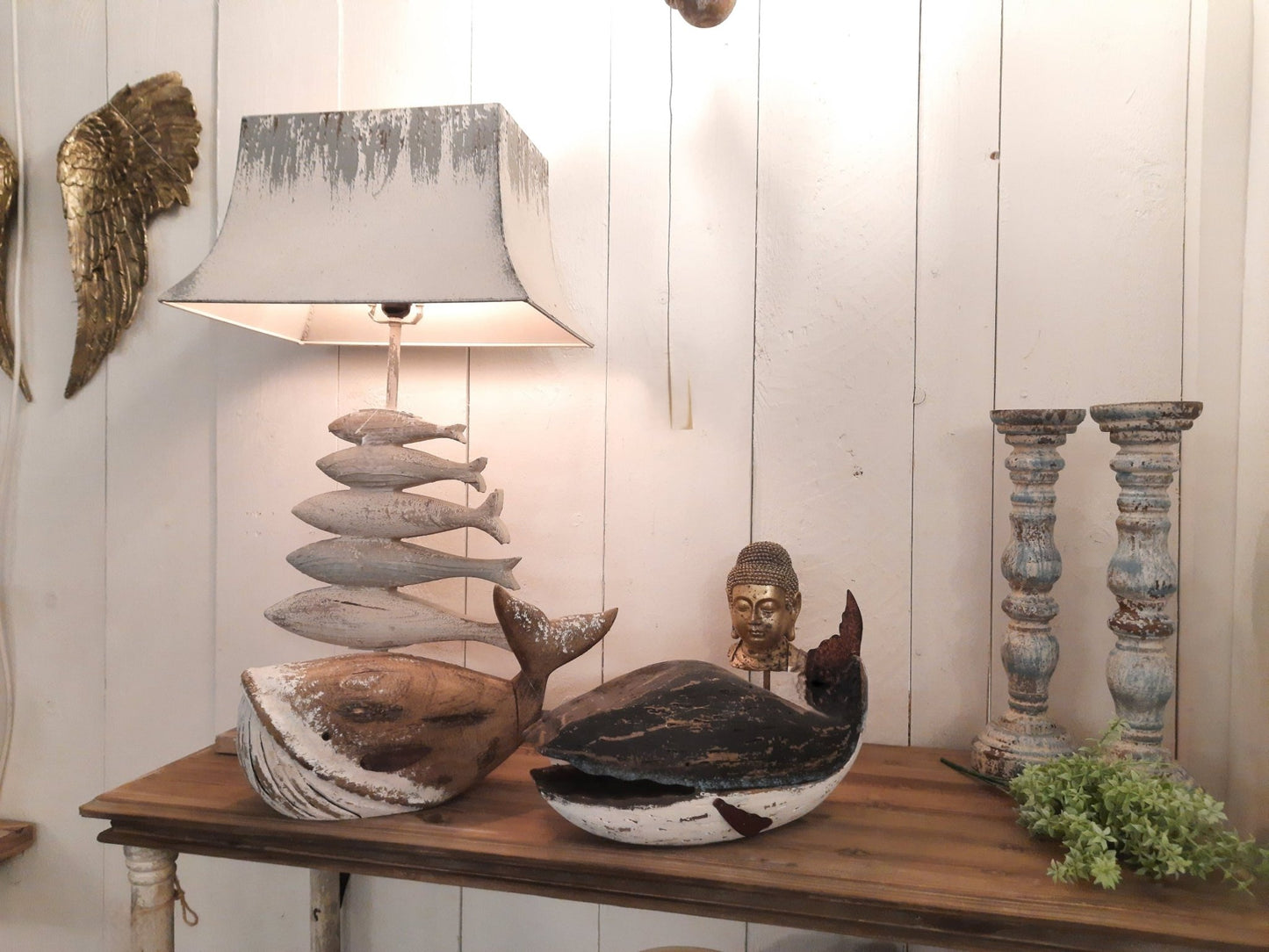Großer Wal aus Holz Braun-Weiß 39cm - Maritime Deko {{ Shabby Chic und Landhaus Deko }} {{ www.Stein-Alt.de }}
