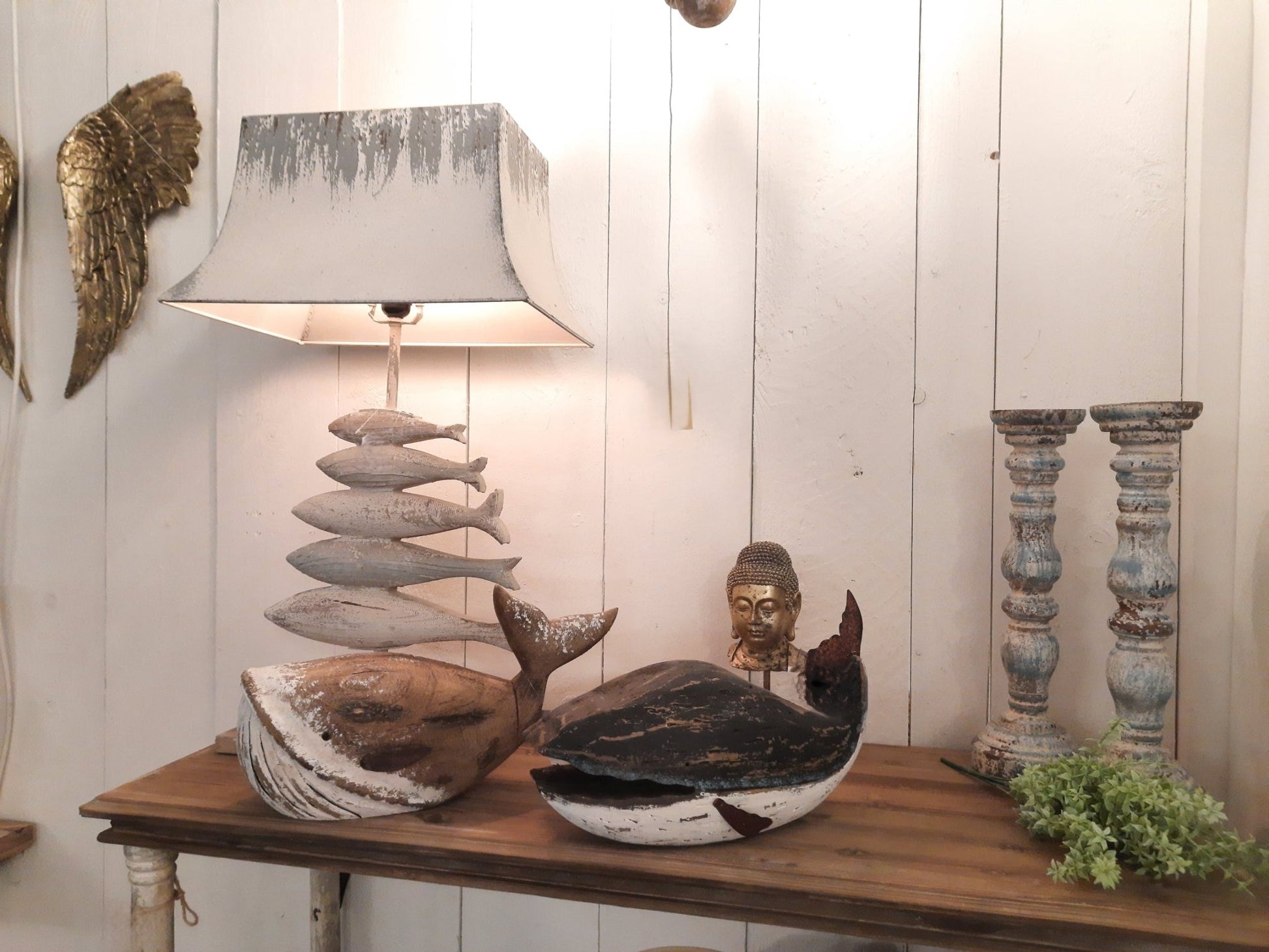 Großer Wal aus Holz Braun-Weiß 39cm - Maritime Deko {{ Shabby Chic und Landhaus Deko }} {{ www.Stein-Alt.de }}