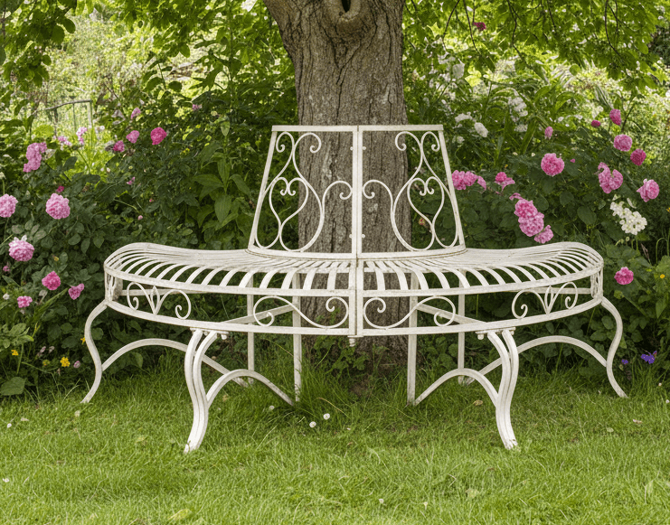 Halbrunde Baumbank Antikweiß - Gartenbank Eisen Landhausstil {{ Shabby Chic und Landhaus Deko }} {{ www.Stein-Alt.de }}