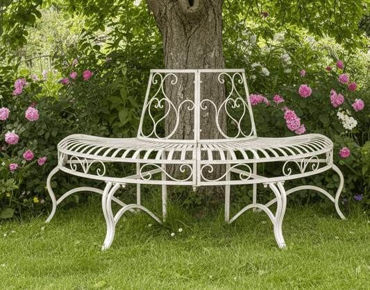 Halbrunde Baumbank Antikweiß - Gartenbank Eisen Landhausstil {{ Shabby Chic und Landhaus Deko }} {{ www.Stein-Alt.de }}
