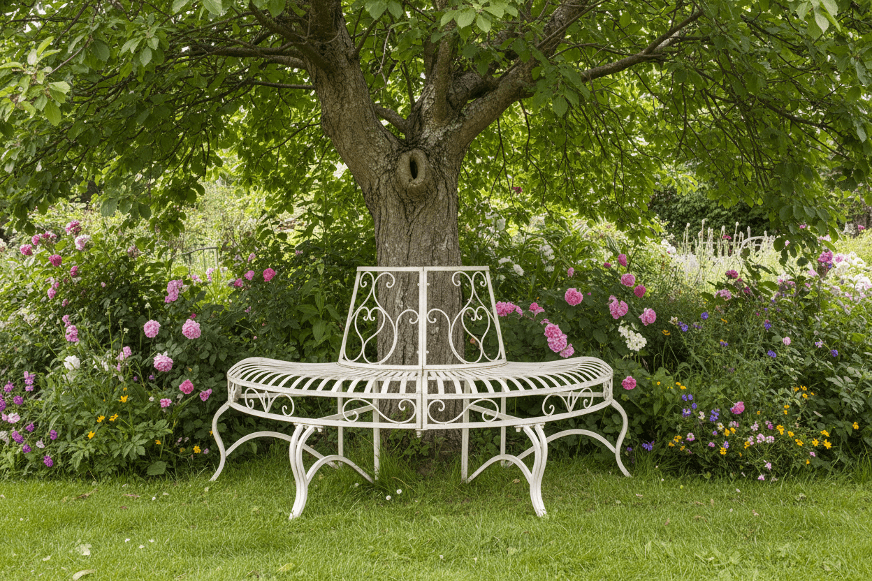 Halbrunde Baumbank Antikweiß - Gartenbank Eisen Landhausstil {{ Shabby Chic und Landhaus Deko }} {{ www.Stein-Alt.de }}