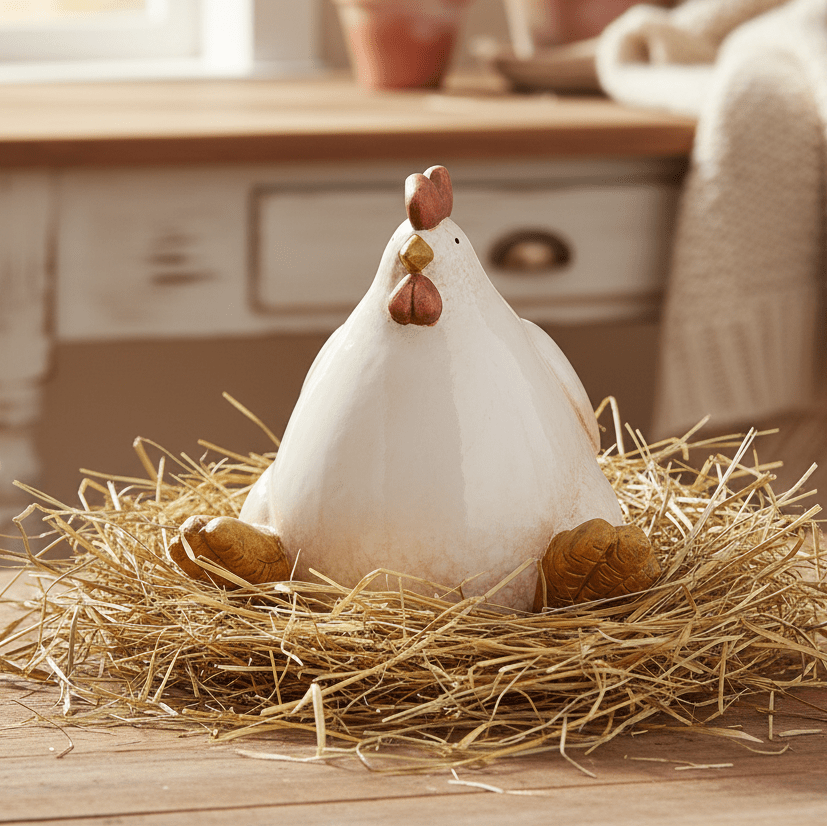 Huhn aus Keramik / Dekofigur in Beige 18 cm – Landhausstil Osterdeko {{ Shabby Chic und Landhaus Deko }} {{ www.Stein-Alt.de }}