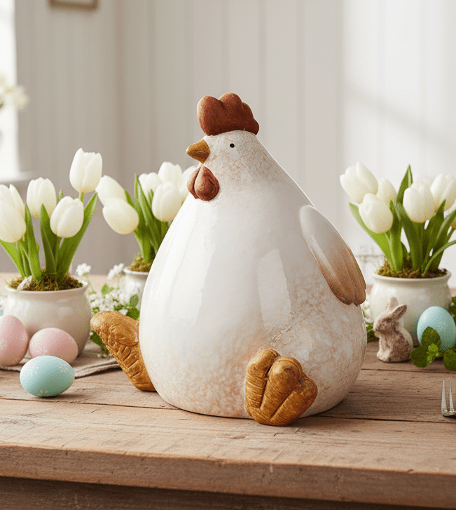 Huhn aus Keramik / Dekofigur in Beige 18 cm – Landhausstil Osterdeko {{ Shabby Chic und Landhaus Deko }} {{ www.Stein-Alt.de }}