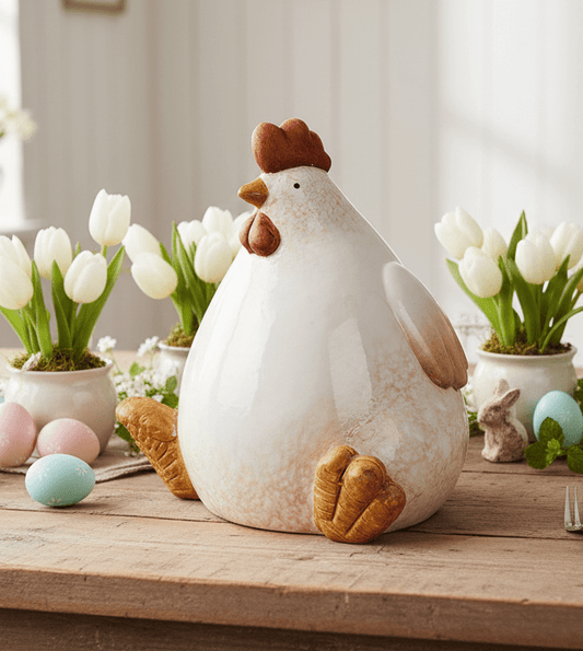 Huhn aus Keramik / Dekofigur in Beige 18 cm – Landhausstil Osterdeko {{ Shabby Chic und Landhaus Deko }} {{ www.Stein-Alt.de }}