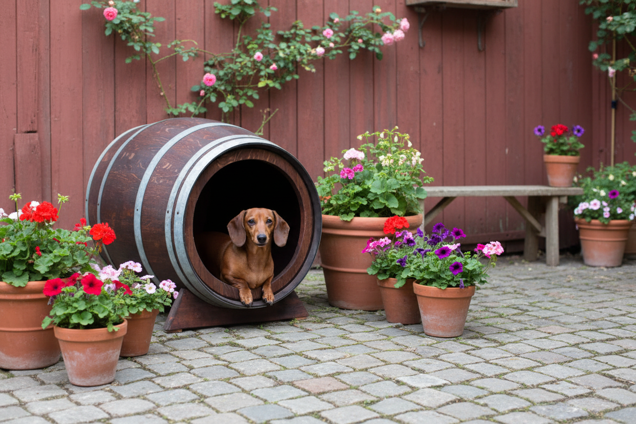 Hundehütte aus Eichenholz Weinfass - Upcycling Hundehaus im Landhausstil {{ Shabby Chic und Landhaus Deko }} {{ www.Stein-Alt.de }}