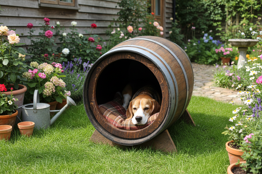 Hundehütte aus Eichenholz Weinfass - Upcycling Hundehaus im Landhausstil Braun {{ Shabby Chic und Landhaus Deko }} {{ www.Stein-Alt.de }}