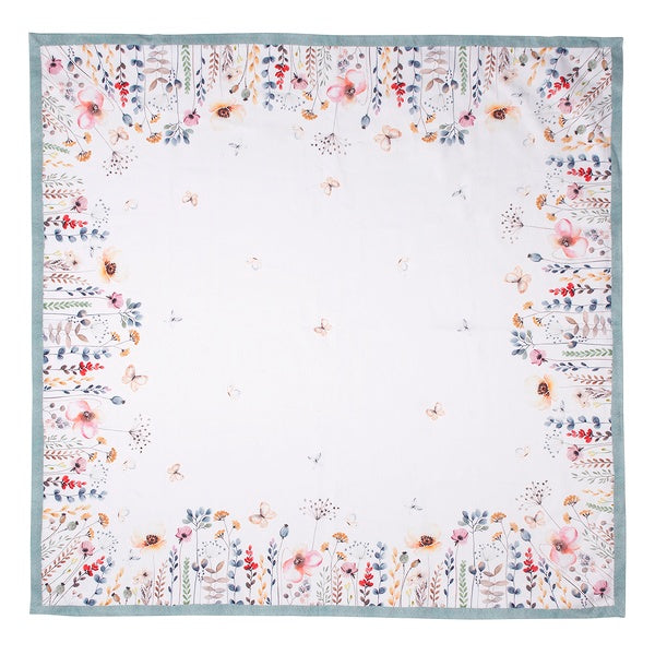 White cotton tablecloth with floral motif - country style shabby chic