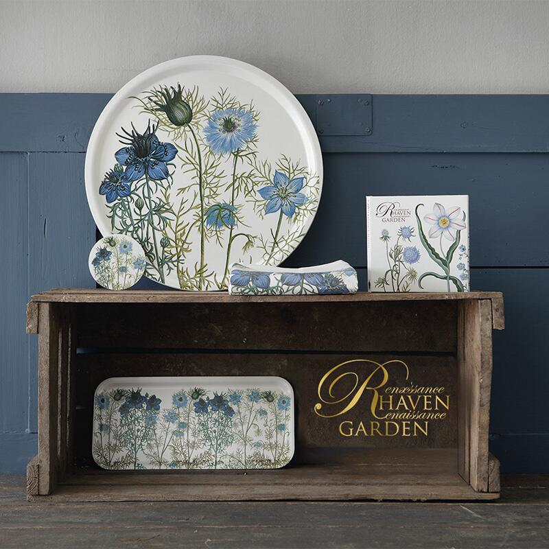 Rundes Holztablett mit Blumenmotiven - Koustrup & Co Dekotablett Blau-Weiß