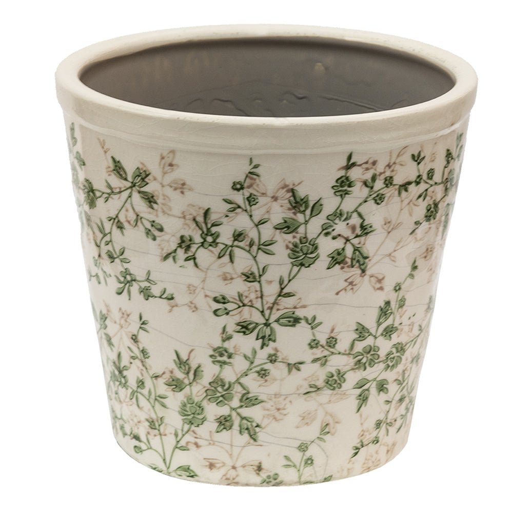 Keramik Blumentopf Grün-Beige mit Rankenmotiv - Clayre & Eef {{ Shabby Chic und Landhaus Deko }} {{ www.Stein-Alt.de }}