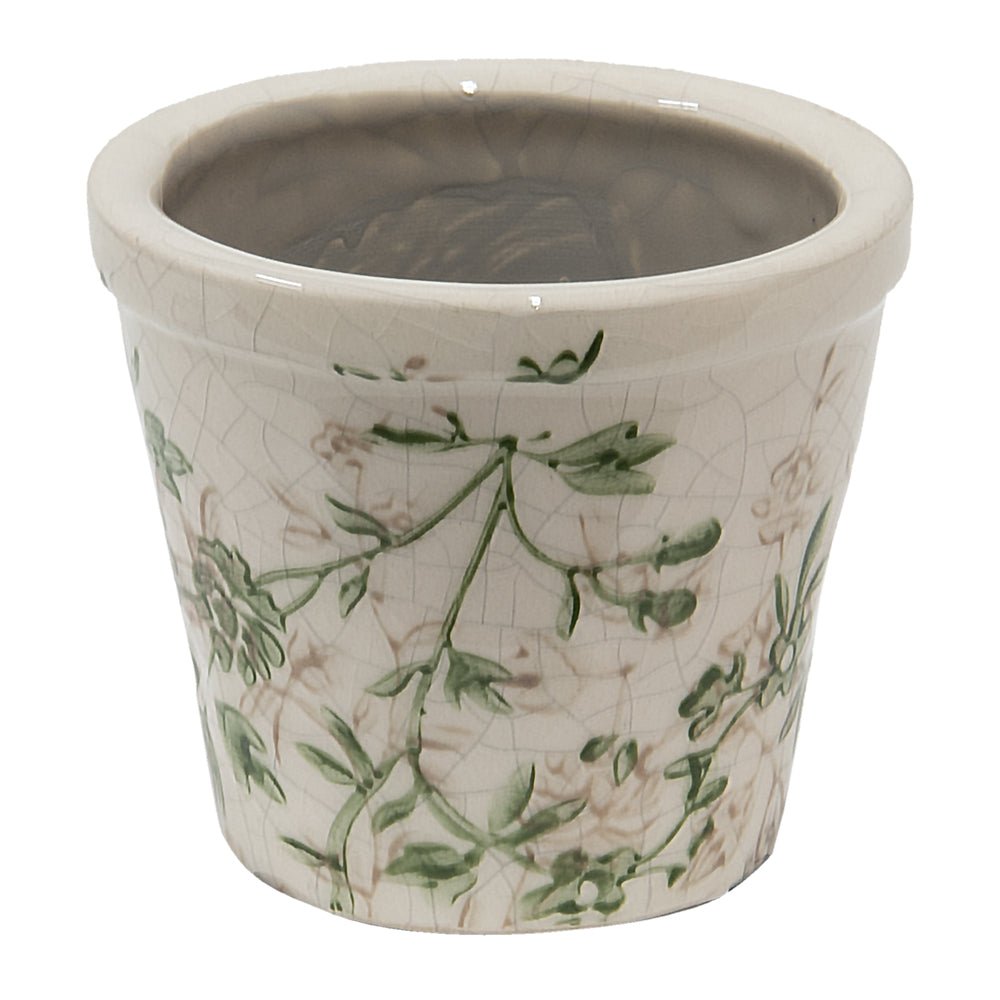 Keramik Blumentopf Grün-Beige mit Rankenmotiv - Clayre & Eef {{ Shabby Chic und Landhaus Deko }} {{ www.Stein-Alt.de }}