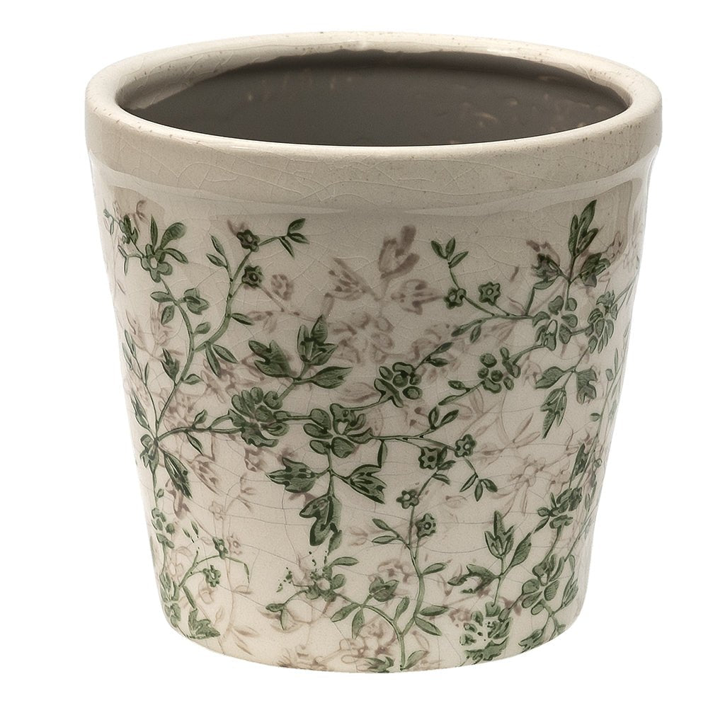 Keramik Blumentopf Grün-Beige mit Rankenmotiv - Clayre & Eef {{ Shabby Chic und Landhaus Deko }} {{ www.Stein-Alt.de }}