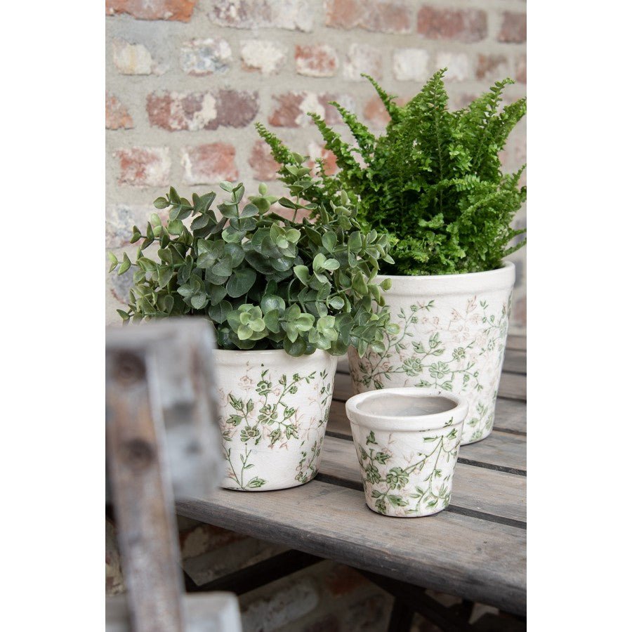 Keramik Blumentopf Grün-Beige mit Rankenmotiv - Clayre & Eef {{ Shabby Chic und Landhaus Deko }} {{ www.Stein-Alt.de }}