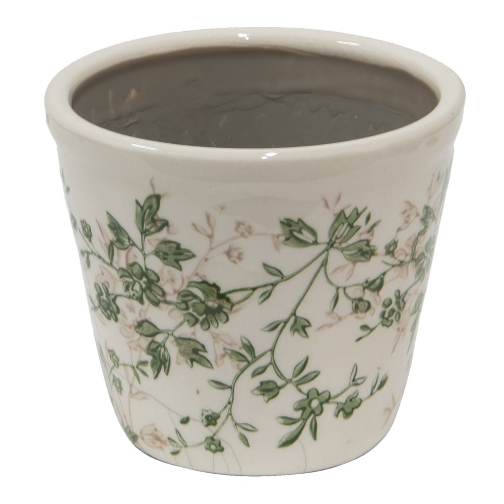 Keramik Blumentopf Grün-Beige mit Rankenmotiv - Clayre & Eef {{ Shabby Chic und Landhaus Deko }} {{ www.Stein-Alt.de }}