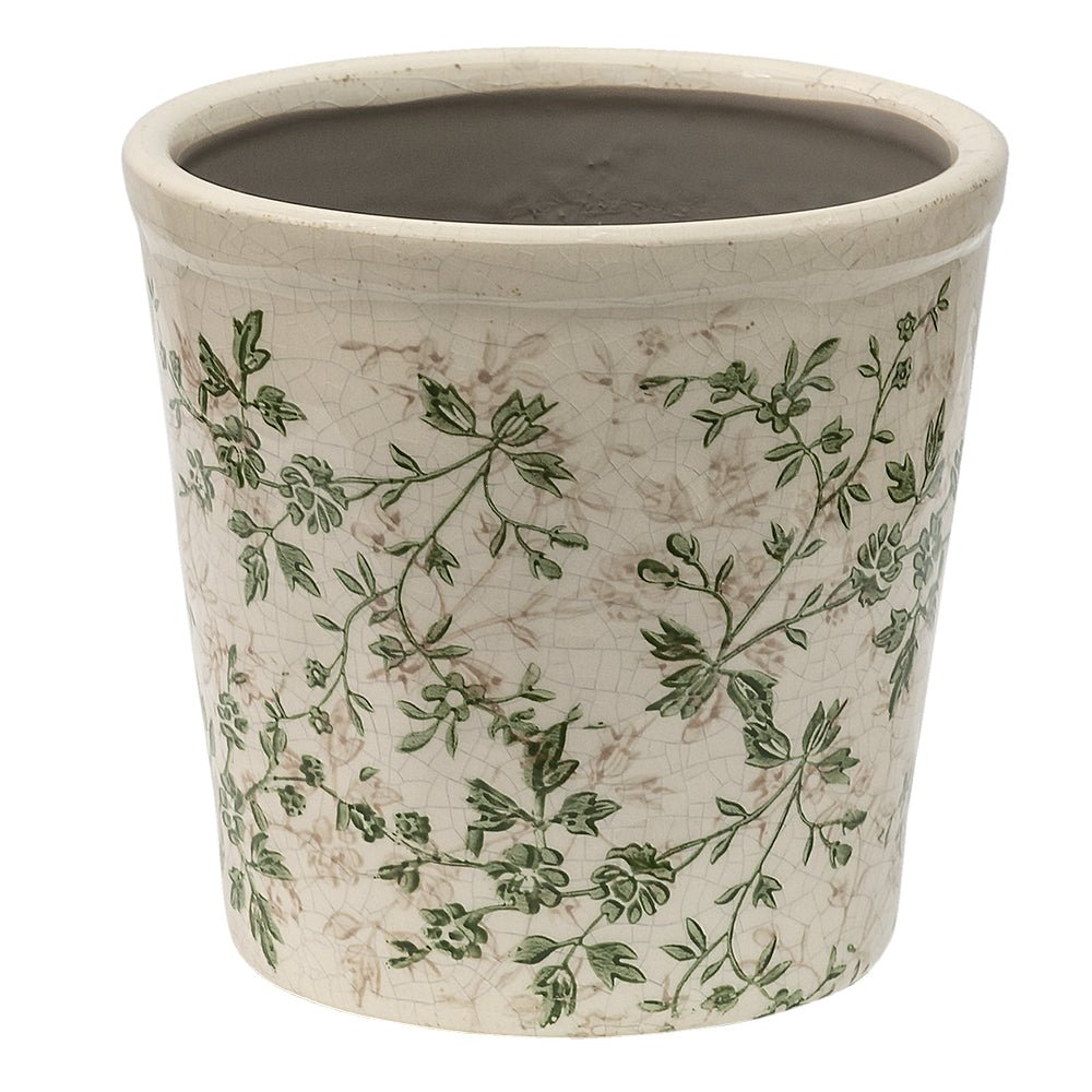 Keramik Blumentopf Grün-Beige mit Rankenmotiv - Clayre & Eef {{ Shabby Chic und Landhaus Deko }} {{ www.Stein-Alt.de }}