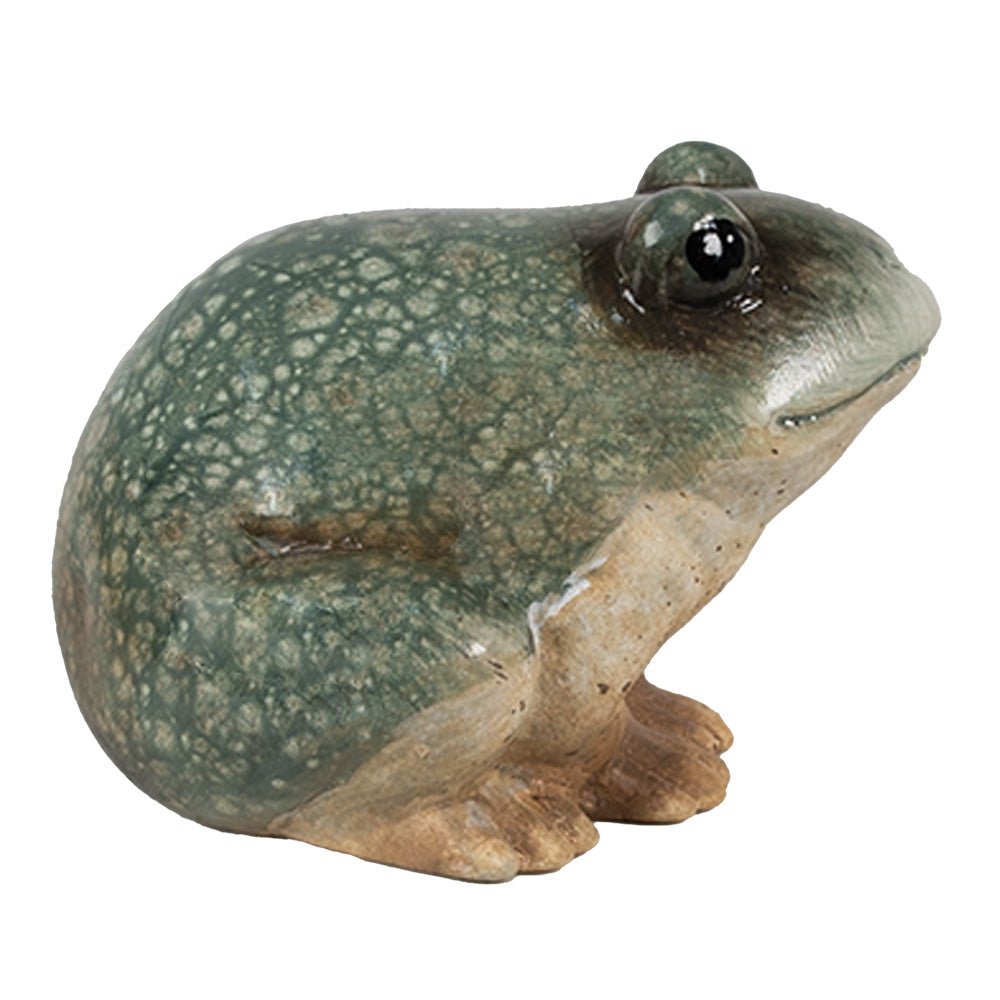 Keramik Frosch Grün-Braun - Deko Figur Landhausstil für Garten & Haus {{ Shabby Chic und Landhaus Deko }} {{ www.Stein-Alt.de }}