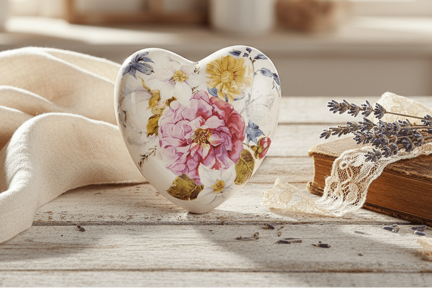 Keramik Herz mit Pfingstrosen - Vintage Deko Rosa Shabby Chic {{ Shabby Chic und Landhaus Deko }} {{ www.Stein-Alt.de }}