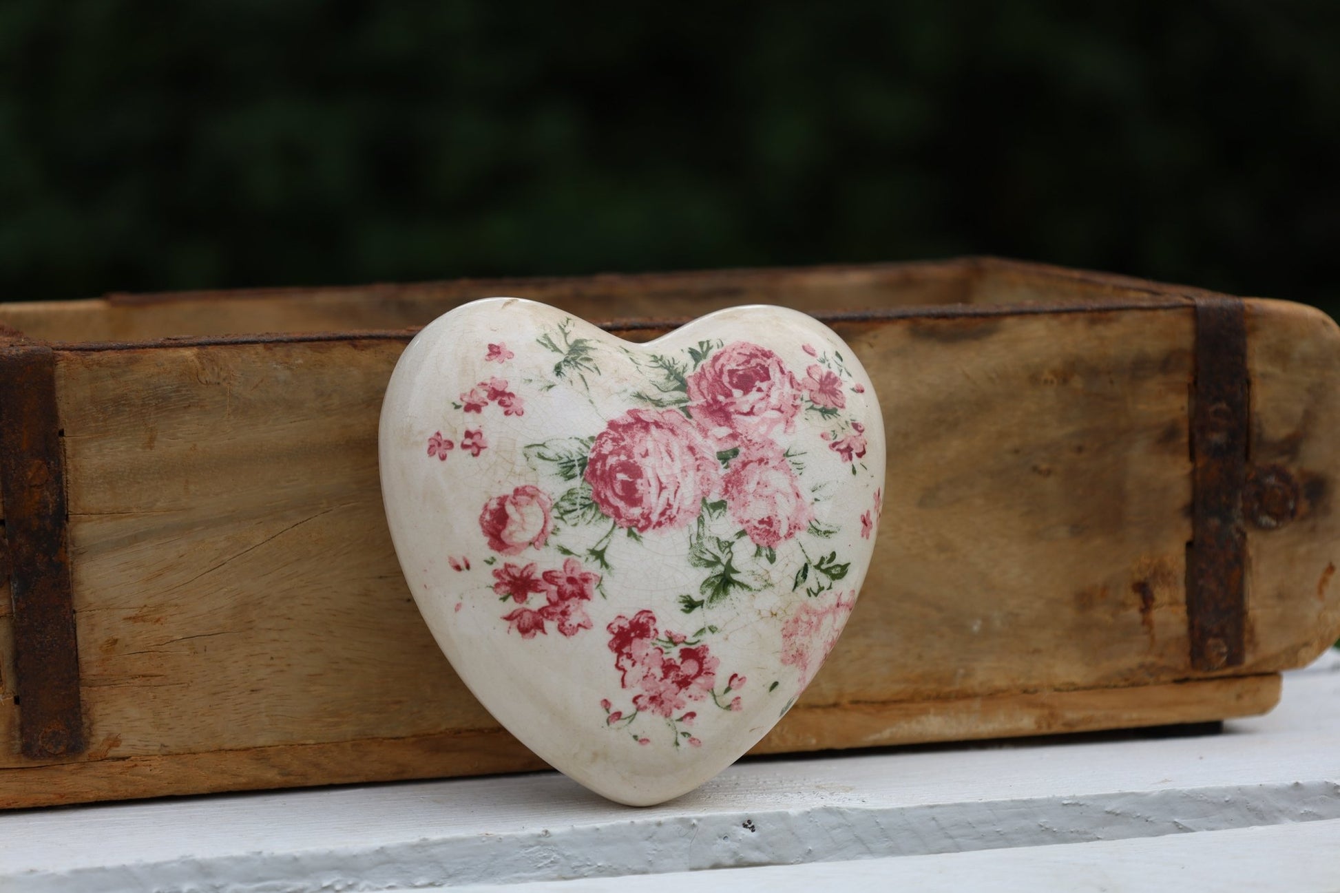 Keramik Herz Vintage Rosen Rosa - Clayre & Eef Deko Landhaus {{ Shabby Chic und Landhaus Deko }} {{ www.Stein-Alt.de }}