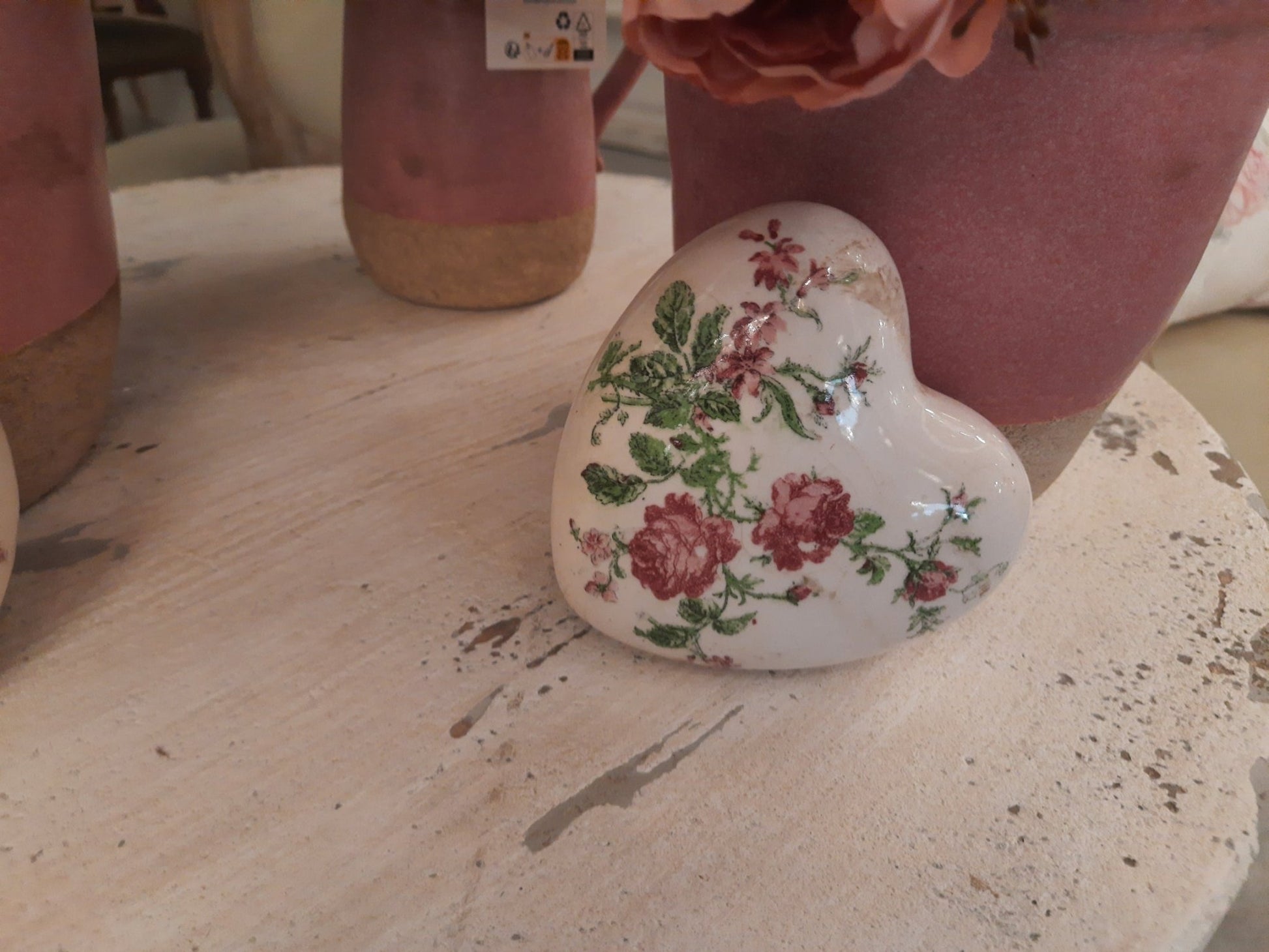 Keramik Herz Vintage Rosen Rosa - Clayre & Eef Deko Landhaus {{ Shabby Chic und Landhaus Deko }} {{ www.Stein-Alt.de }}