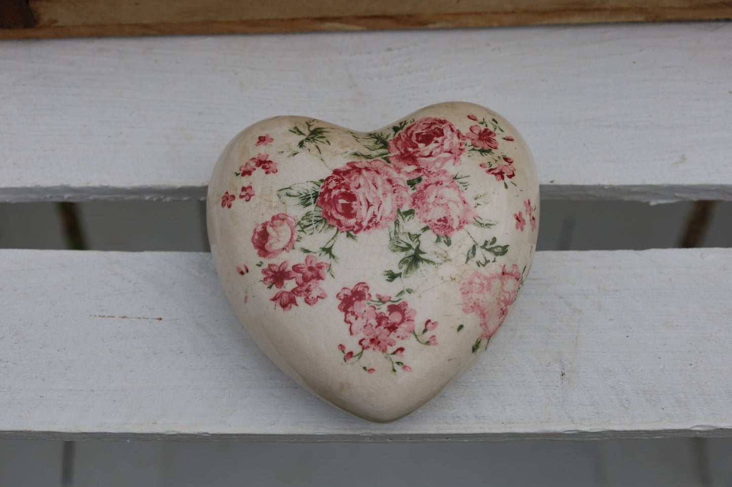 Keramik Herz Vintage Rosen Rosa - Clayre & Eef Deko Landhaus {{ Shabby Chic und Landhaus Deko }} {{ www.Stein-Alt.de }}