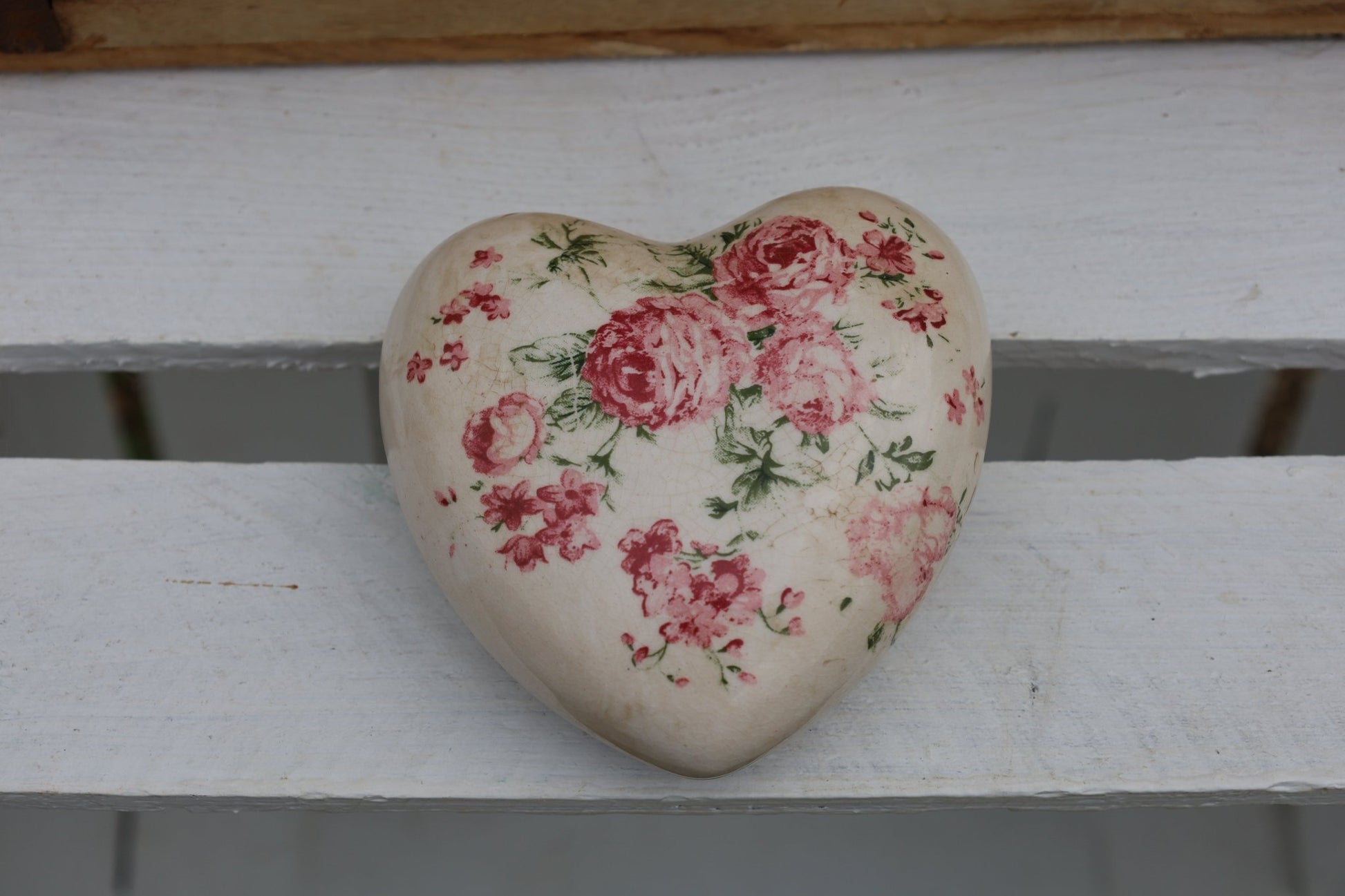Keramik Herz Vintage Rosen Rosa - Clayre & Eef Deko Landhaus {{ Shabby Chic und Landhaus Deko }} {{ www.Stein-Alt.de }}