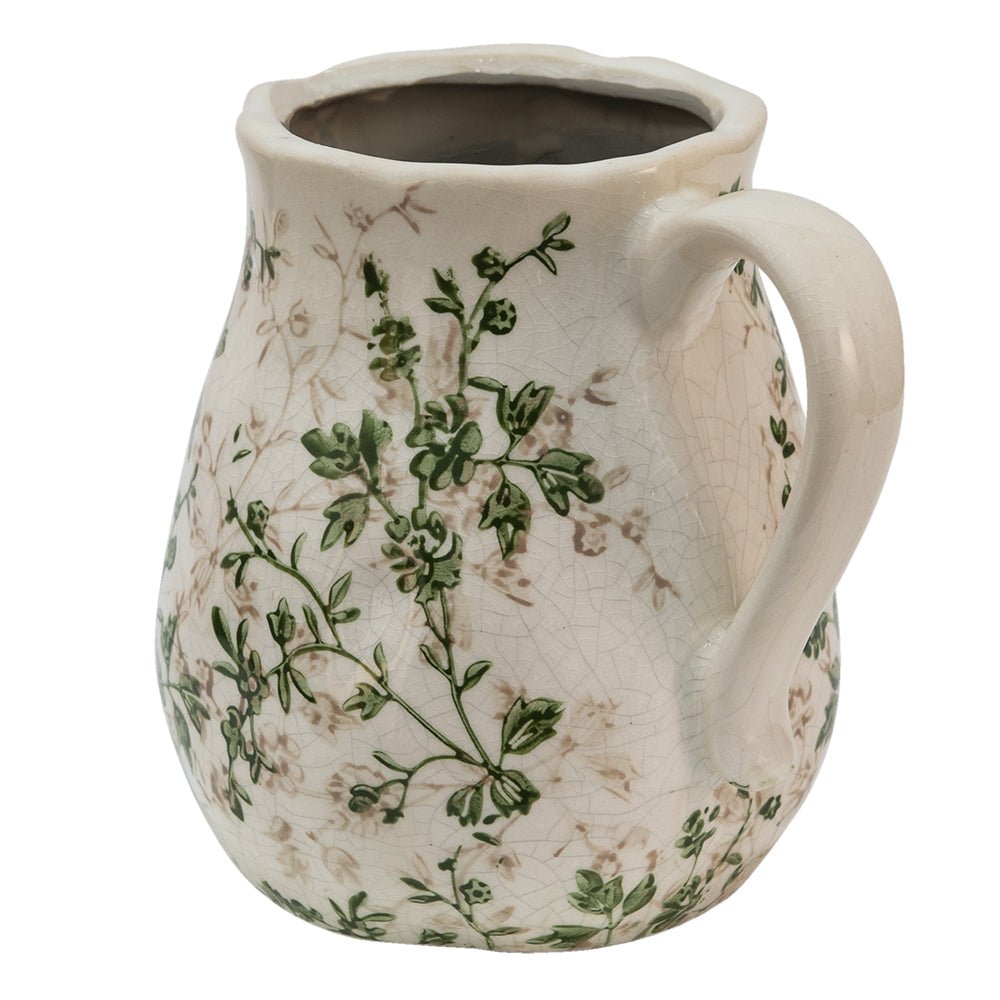 Keramik Krug Beige Grün – Vase mit Blättermuster im Landhausstil {{ Shabby Chic und Landhaus Deko }} {{ www.Stein-Alt.de }}