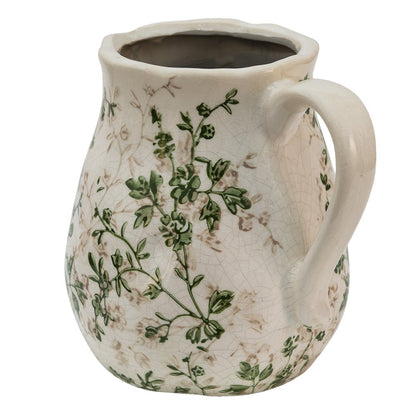 Vase Keramik Krug Beige Grün – Vase mit Blättermuster im Landhausstil Shabby Chic und Landhaus Deko bei www.Stein-Alt.de