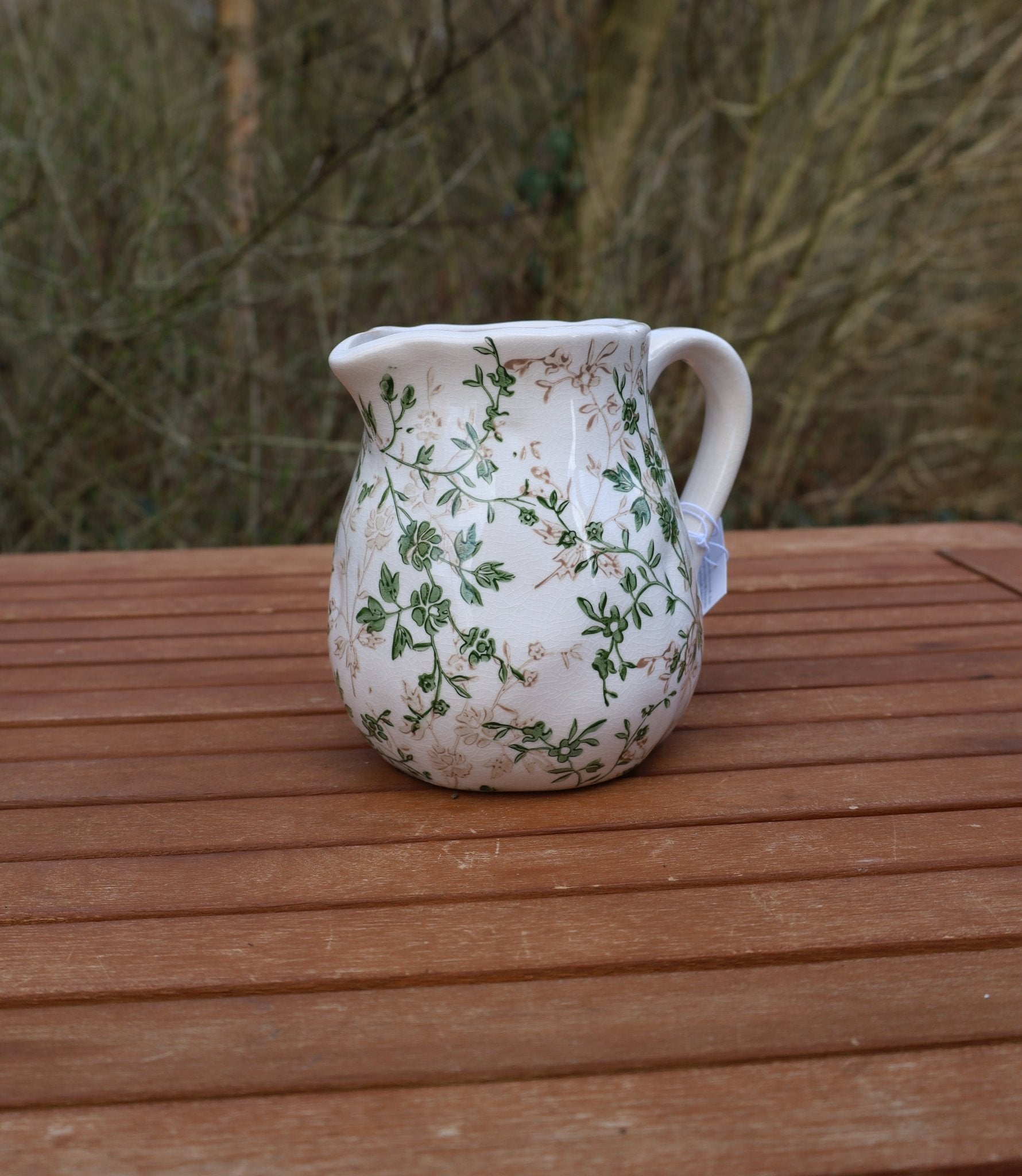Keramik Krug Beige Grün – Vase mit Blättermuster im Landhausstil {{ Shabby Chic und Landhaus Deko }} {{ www.Stein-Alt.de }}