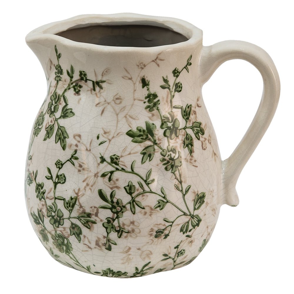 Keramik Krug Beige Grün – Vase mit Blättermuster im Landhausstil {{ Shabby Chic und Landhaus Deko }} {{ www.Stein-Alt.de }}