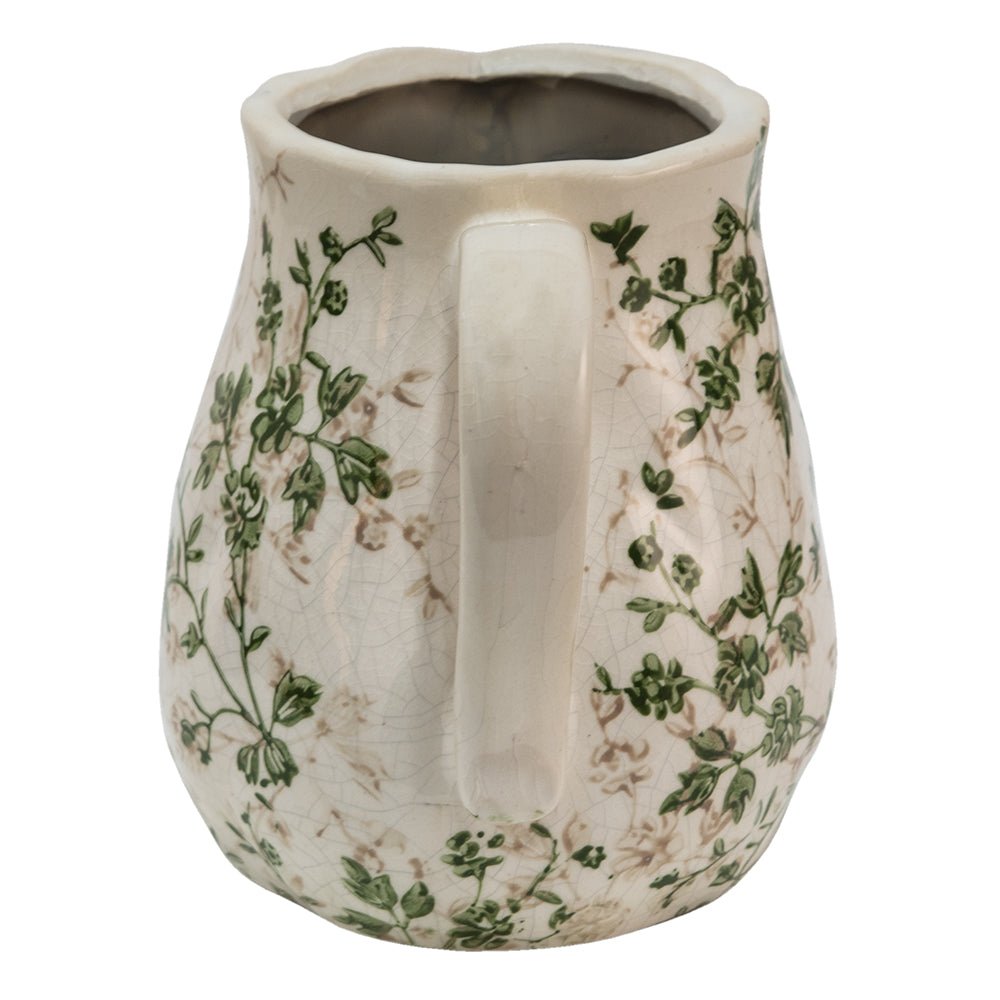 Keramik Krug Beige Grün – Vase mit Blättermuster im Landhausstil {{ Shabby Chic und Landhaus Deko }} {{ www.Stein-Alt.de }}