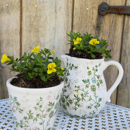Vase Keramik Krug Beige Grün – Vase mit Blättermuster im Landhausstil Shabby Chic und Landhaus Deko bei www.Stein-Alt.de