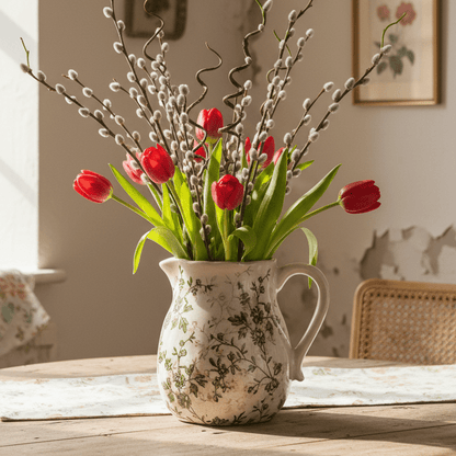 Vase Keramik Krug Beige Grün – Vase mit Blättermuster im Landhausstil Shabby Chic und Landhaus Deko bei www.Stein-Alt.de