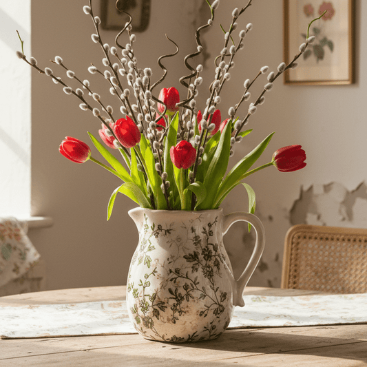 Keramik Krug Beige Grün – Vase mit Blättermuster im Landhausstil {{ Shabby Chic und Landhaus Deko }} {{ www.Stein-Alt.de }}
