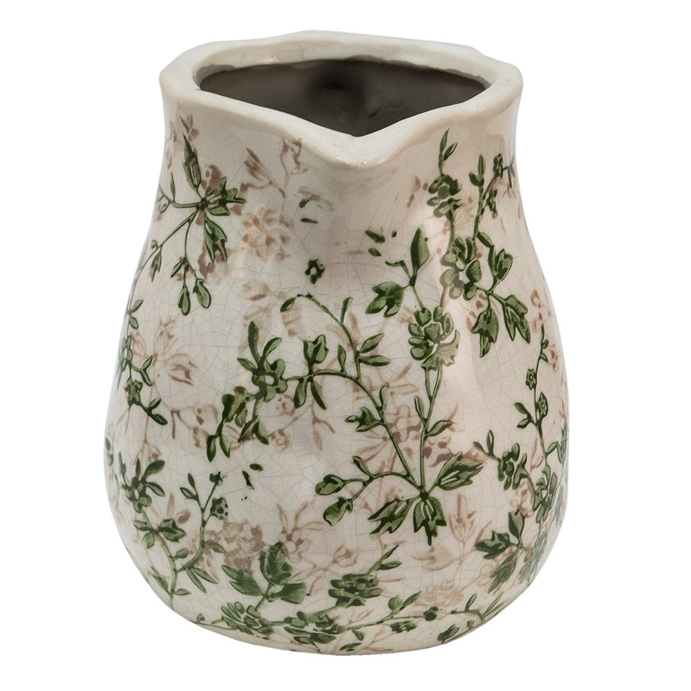 Keramik Krug Beige Grün – Vase mit Blättermuster im Landhausstil {{ Shabby Chic und Landhaus Deko }} {{ www.Stein-Alt.de }}