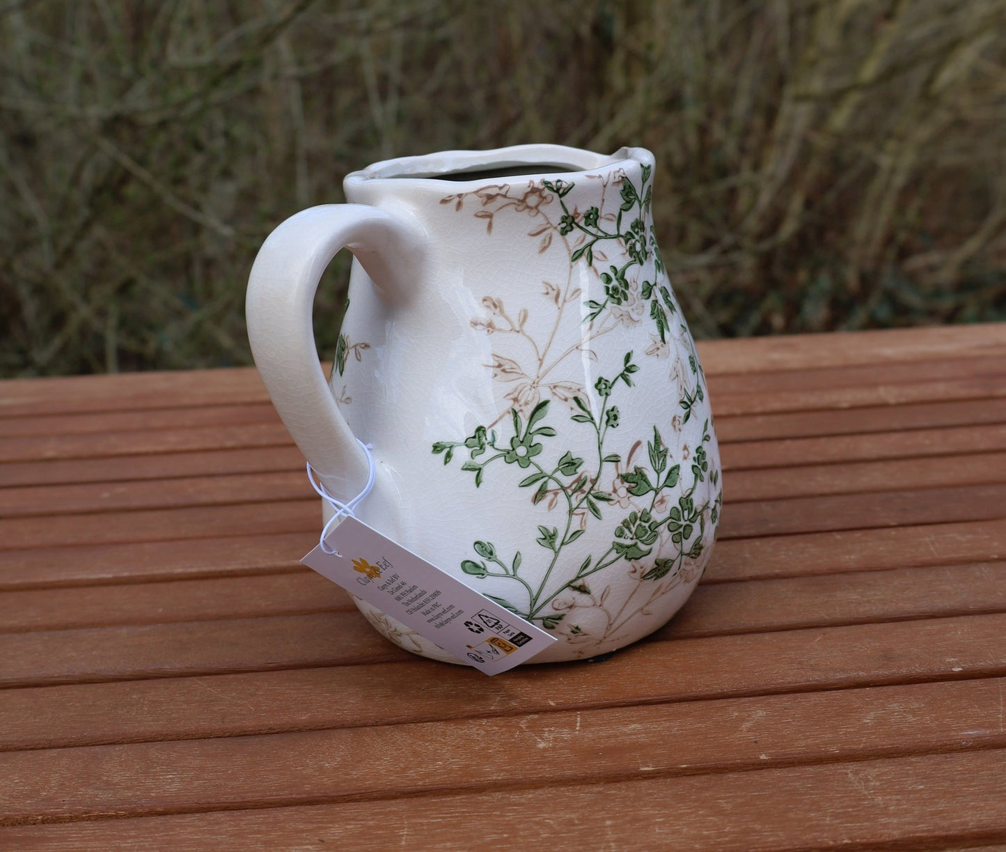 Keramik Krug Beige Grün – Vase mit Blättermuster im Landhausstil {{ Shabby Chic und Landhaus Deko }} {{ www.Stein-Alt.de }}