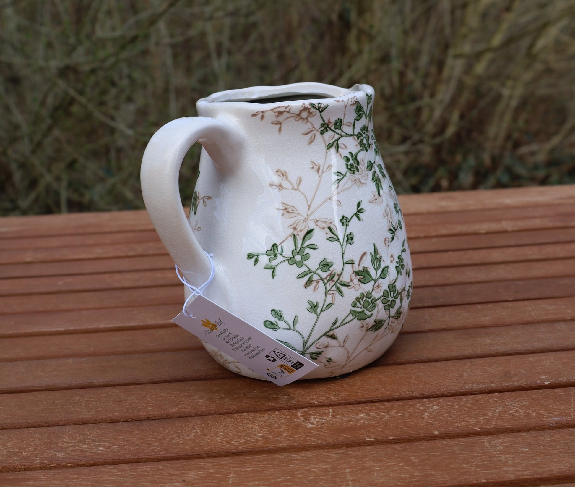 Keramik Krug Beige Grün – Vase mit Blättermuster im Landhausstil {{ Shabby Chic und Landhaus Deko }} {{ www.Stein-Alt.de }}