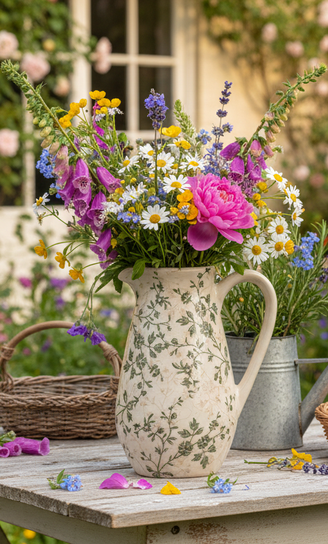 Keramik Krug Vase mit grünen Ranken - Landhaus Dekoration 15cm {{ Shabby Chic und Landhaus Deko }} {{ www.Stein-Alt.de }}