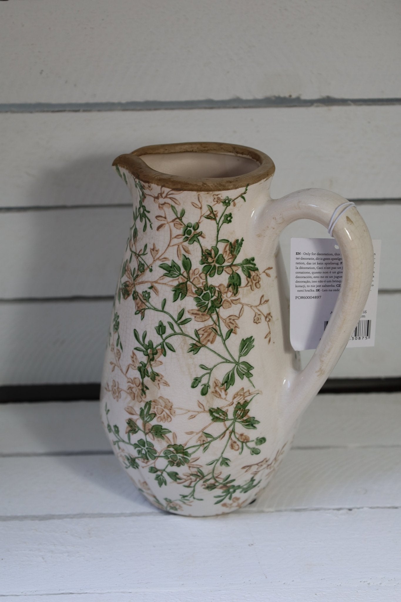 Keramik Krug Vase mit grünen Ranken - Landhaus Dekoration 15cm {{ Shabby Chic und Landhaus Deko }} {{ www.Stein-Alt.de }}
