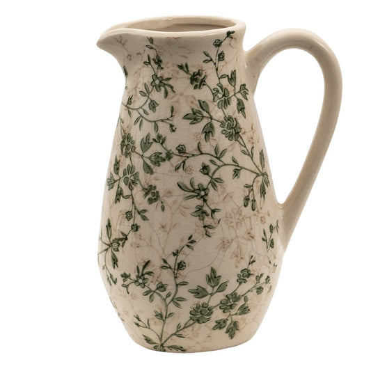Keramik Krug Vase mit grünen Ranken - Landhaus Dekoration 15cm {{ Shabby Chic und Landhaus Deko }} {{ www.Stein-Alt.de }}
