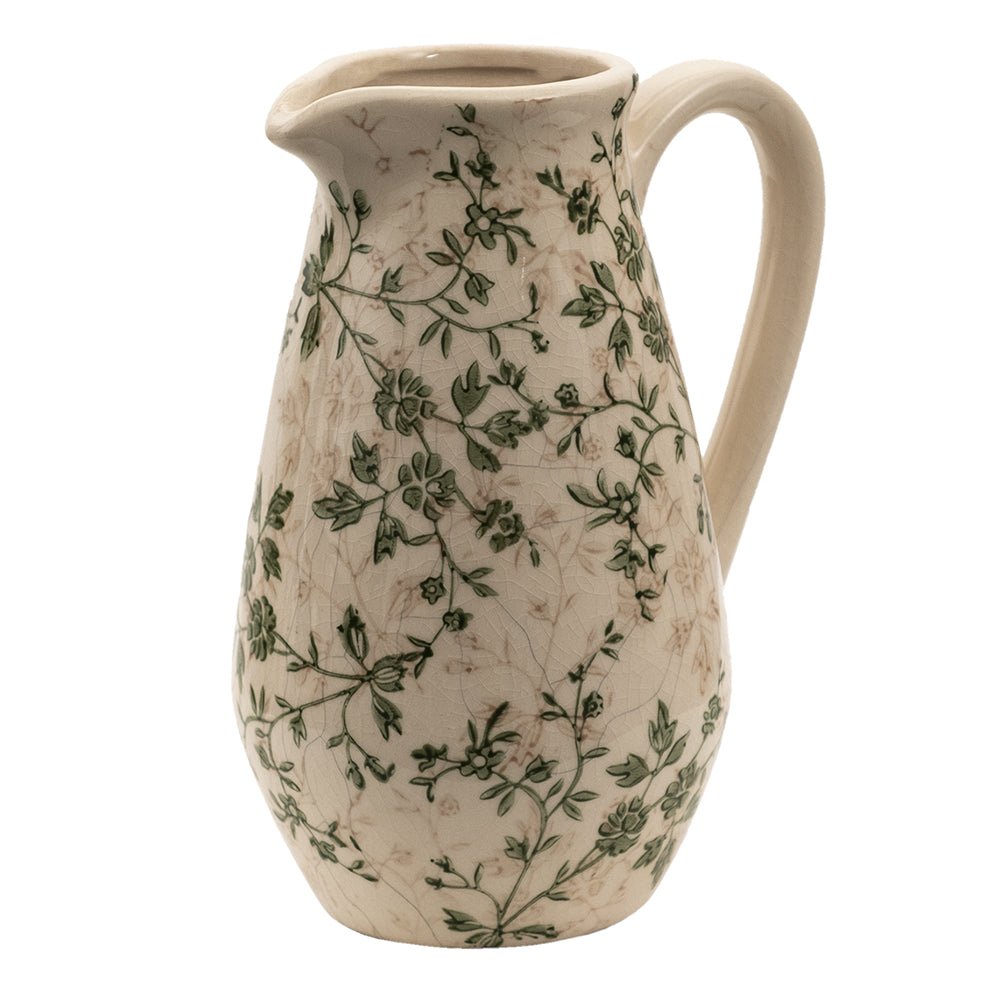 Keramik Krug Vase mit grünen Ranken - Landhaus Dekoration 15cm {{ Shabby Chic und Landhaus Deko }} {{ www.Stein-Alt.de }}