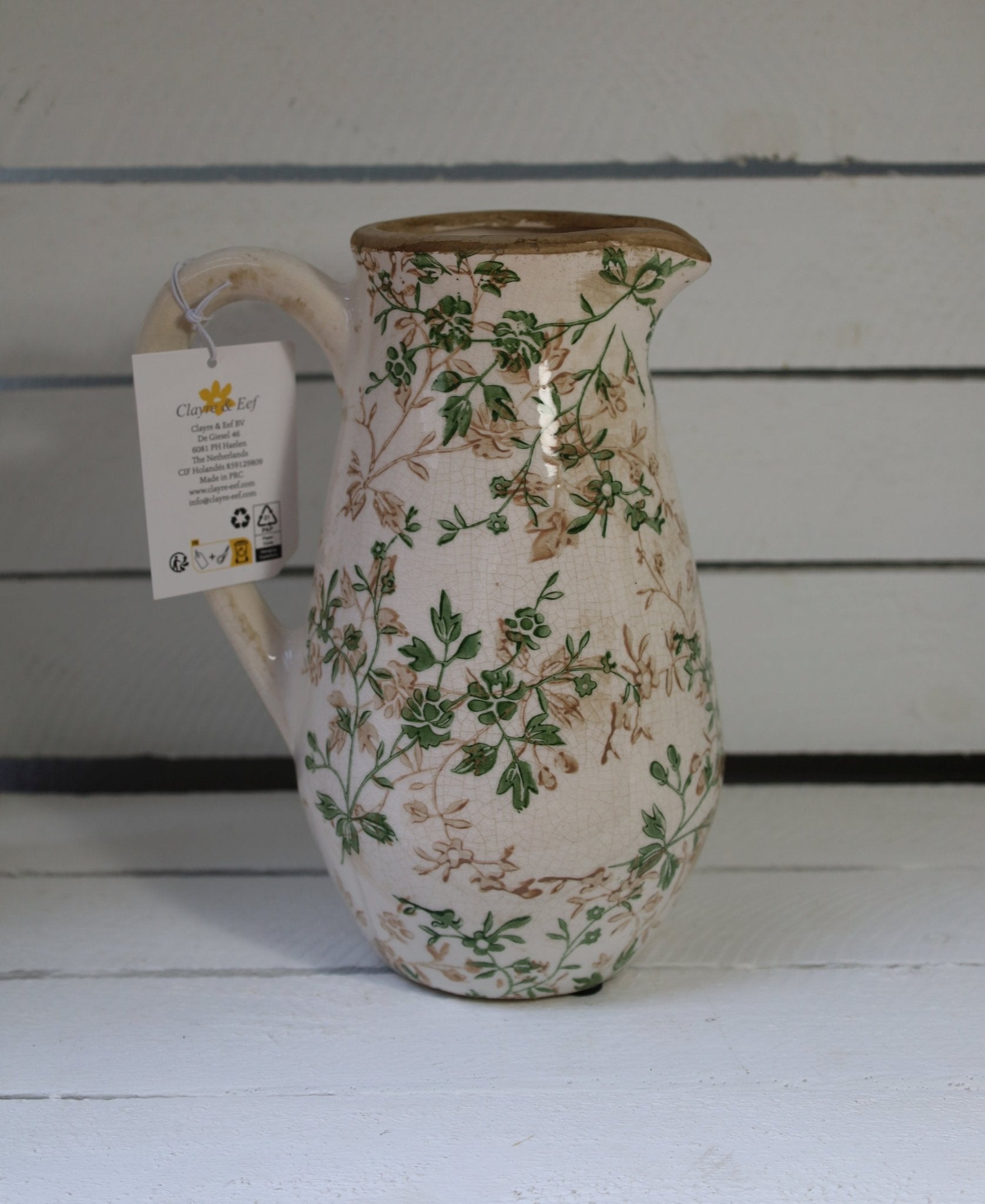 Keramik Krug Vase mit grünen Ranken - Landhaus Dekoration 15cm {{ Shabby Chic und Landhaus Deko }} {{ www.Stein-Alt.de }}