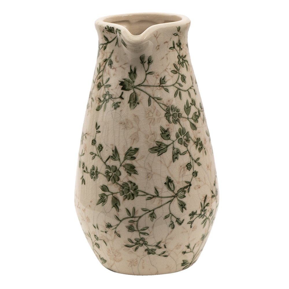Keramik Krug Vase mit grünen Ranken - Landhaus Dekoration 15cm {{ Shabby Chic und Landhaus Deko }} {{ www.Stein-Alt.de }}