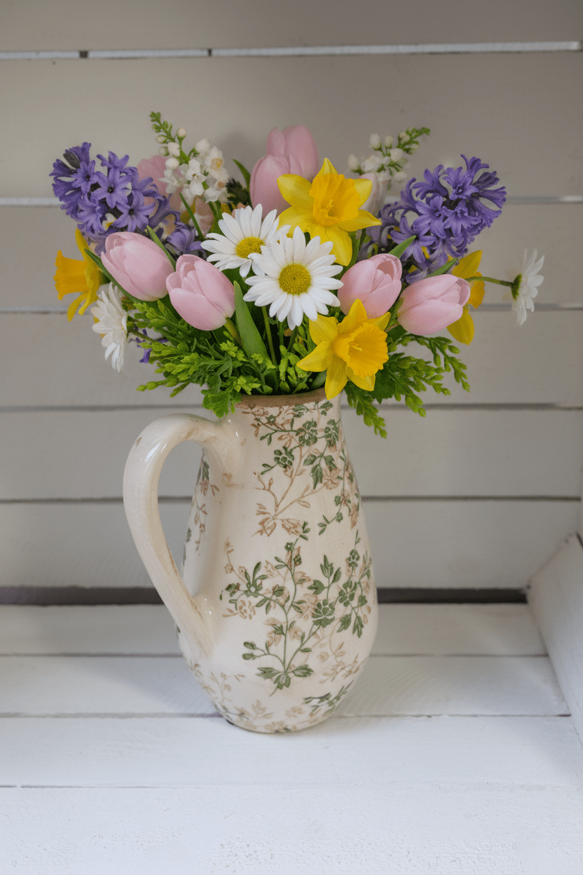 Keramik Krug Vase mit grünen Ranken - Landhaus Dekoration 15cm {{ Shabby Chic und Landhaus Deko }} {{ www.Stein-Alt.de }}