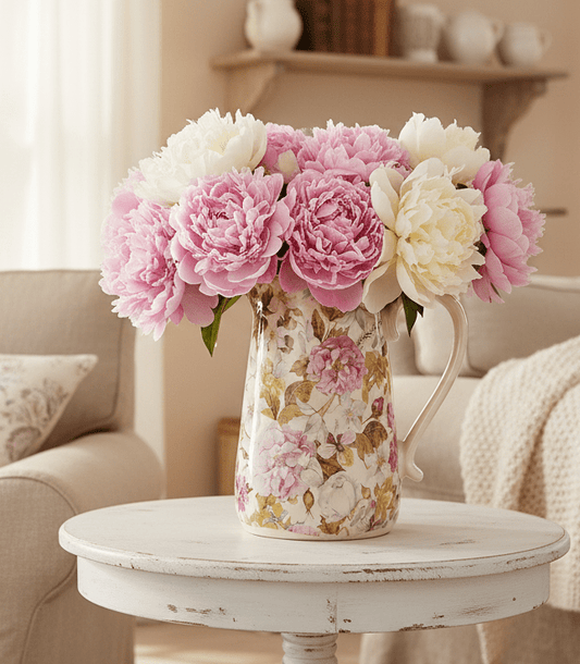 Keramik Krug Vase Pfingstrosen Rosa Grün | Clayre & Eef Landhausstil Groß {{ Shabby Chic und Landhaus Deko }} {{ www.Stein-Alt.de }}