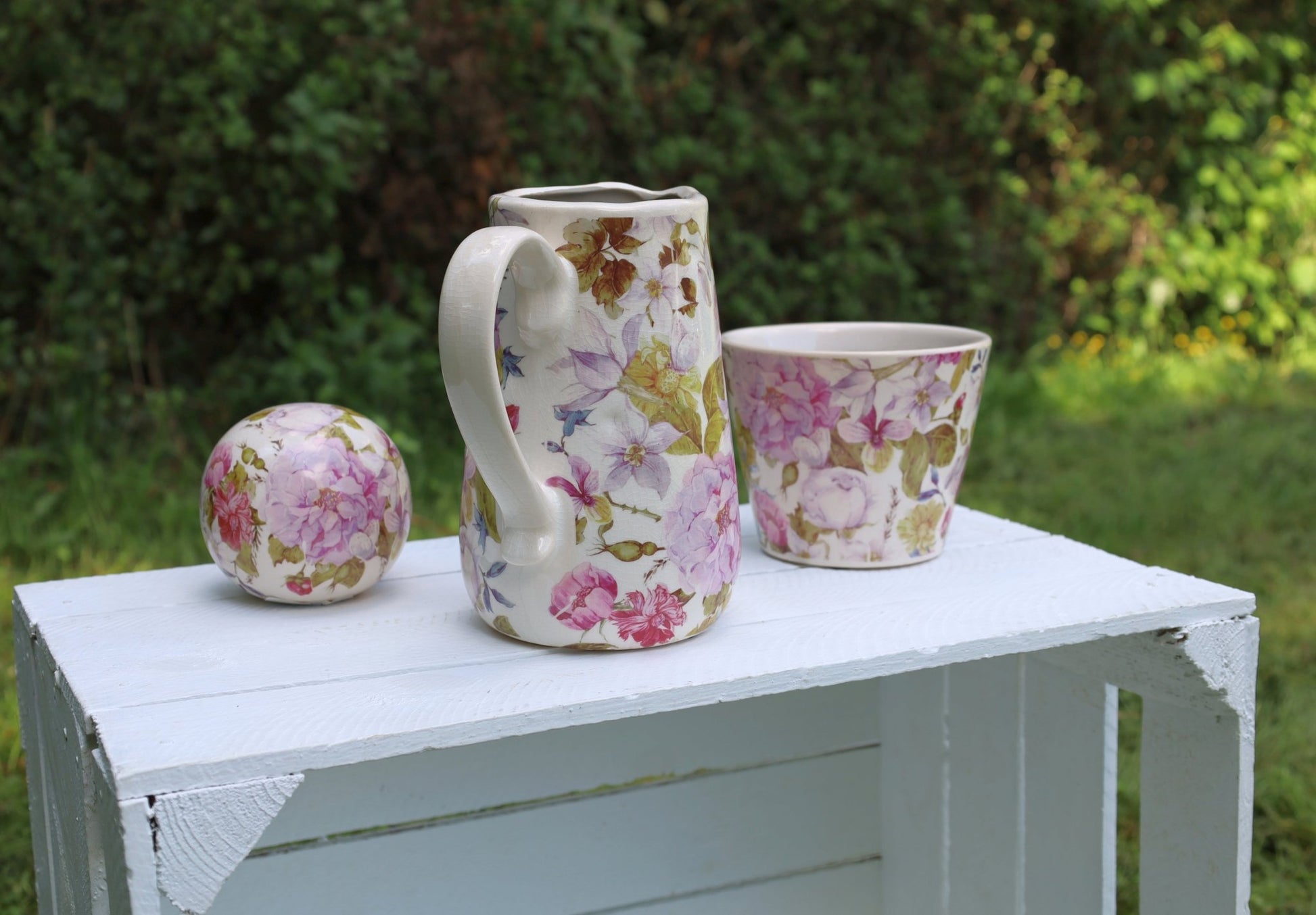 Keramik Krug Vase Pfingstrosen Rosa Grün | Clayre & Eef Landhausstil {{ Shabby Chic und Landhaus Deko }} {{ www.Stein-Alt.de }}