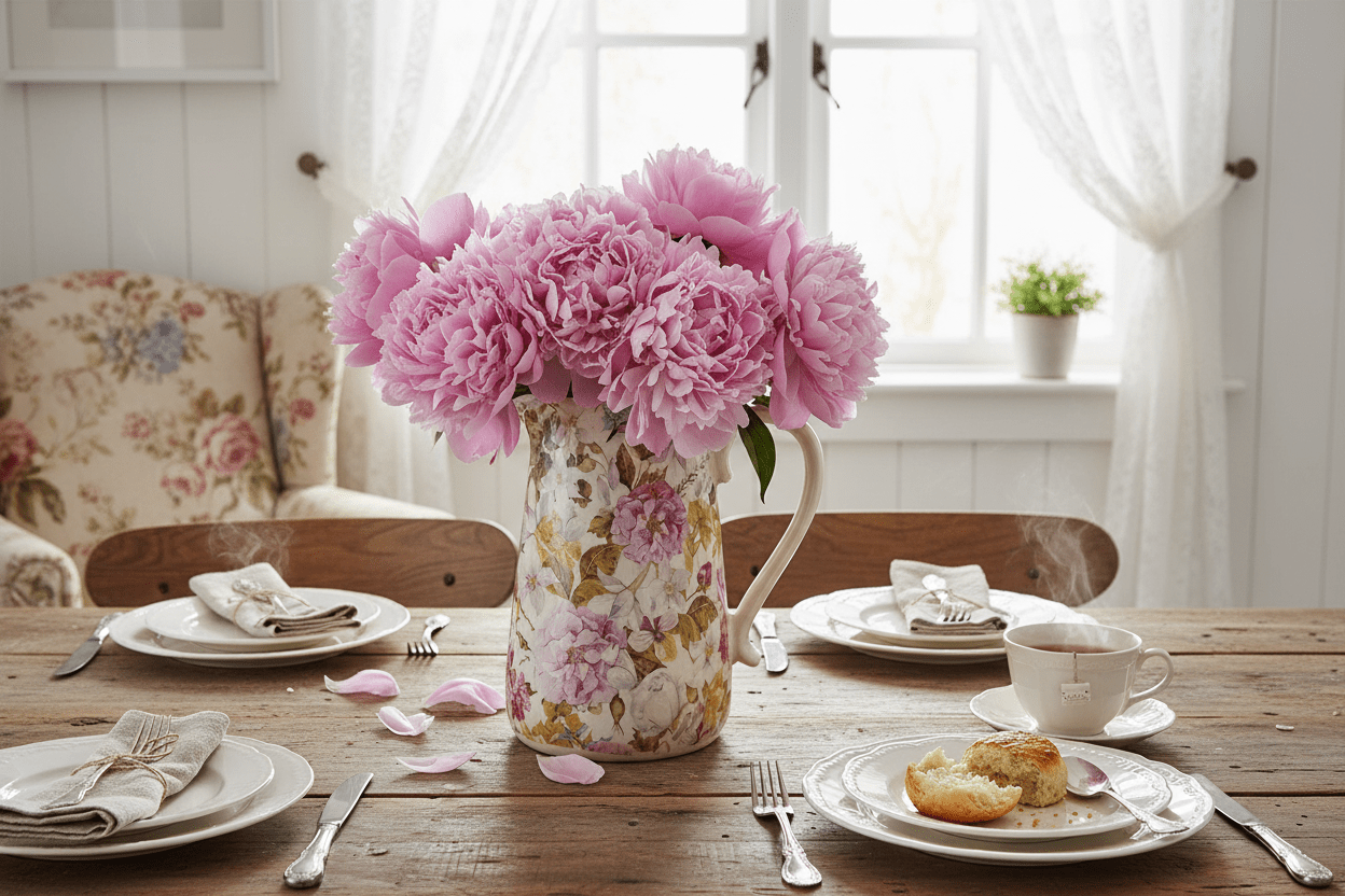 Keramik Krug Vase Pfingstrosen Rosa Grün | Clayre & Eef Landhausstil {{ Shabby Chic und Landhaus Deko }} {{ www.Stein-Alt.de }}