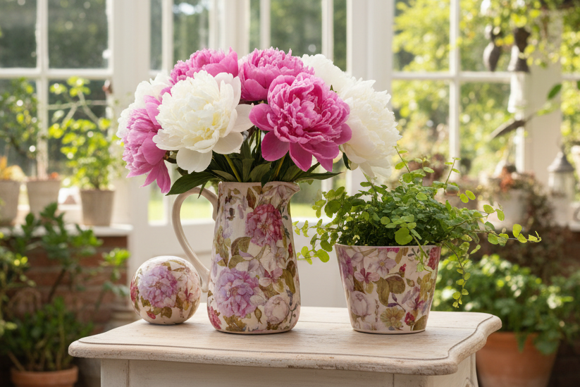 Keramik Krug Vase Pfingstrosen Rosa Grün | Clayre & Eef Landhausstil {{ Shabby Chic und Landhaus Deko }} {{ www.Stein-Alt.de }}