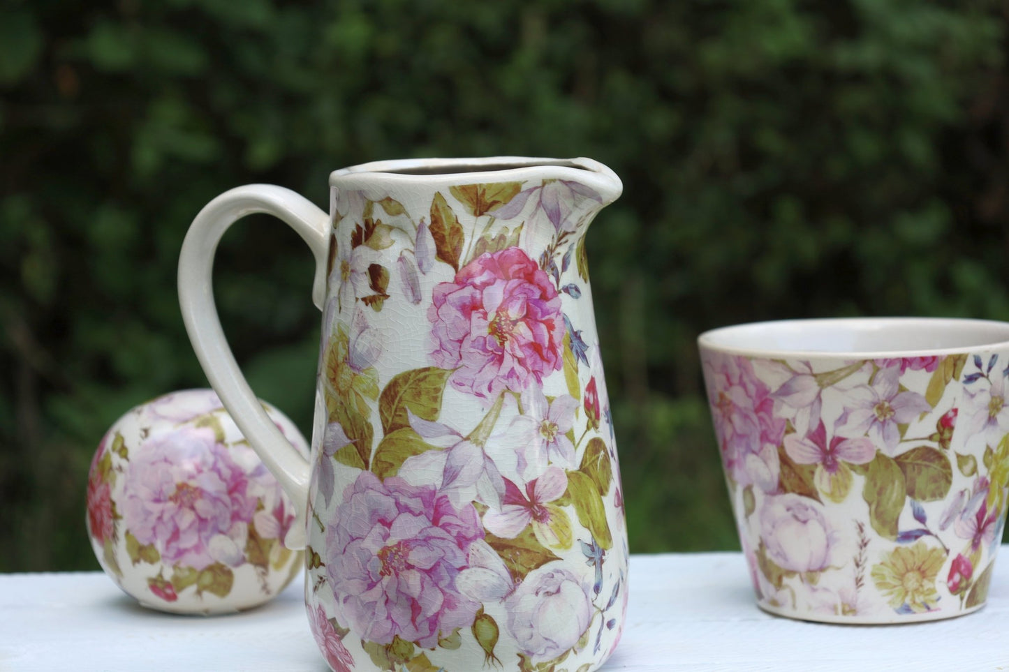 Keramik Krug Vase Pfingstrosen Rosa Grün | Clayre & Eef Landhausstil {{ Shabby Chic und Landhaus Deko }} {{ www.Stein-Alt.de }}